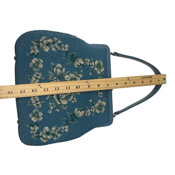 Vintage Needlepoint Handbag Purse Blue Floral with Coin Purse and Feet
